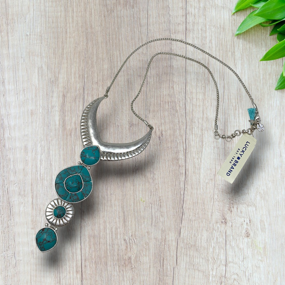 NEW Lucky Brand Southwestern Turquoise Silver Tone Statement Pendant Necklace - Picture 1 of 8